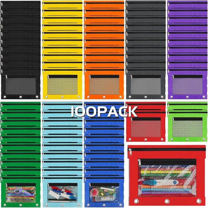 IKAYAS 100 Pack Pencil Pouch for 3 Ring Binder bulk Binder Pencil Pouch with Zipper, Pencil Pouches Pencil Bags for Classroom bulk Pencil Box Pencil Case for Storing School Students Teacher Supplies - Image 1